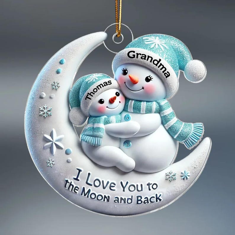 3D Effect Snowman Grandma & Hugging Grandkid On The Moon Ornament, Personalized Acrylic Ornament, Christmas Gift For Granddaughter, Grandson