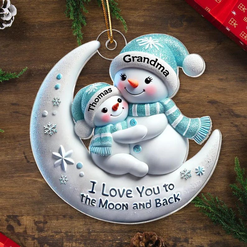 3D Effect Snowman Grandma & Hugging Grandkid On The Moon Ornament, Personalized Acrylic Ornament, Christmas Gift For Granddaughter, Grandson