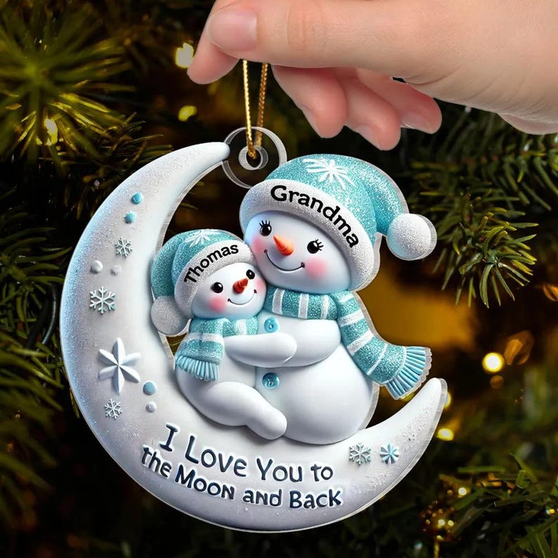 3D Effect Snowman Grandma & Hugging Grandkid On The Moon Ornament, Personalized Acrylic Ornament, Christmas Gift For Granddaughter, Grandson