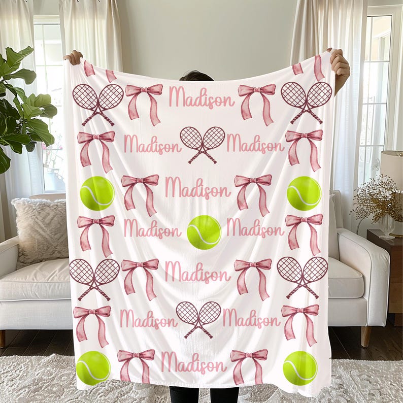 Personalized Tennis & Bows Plush Blanket: Gift for Tennis Lover