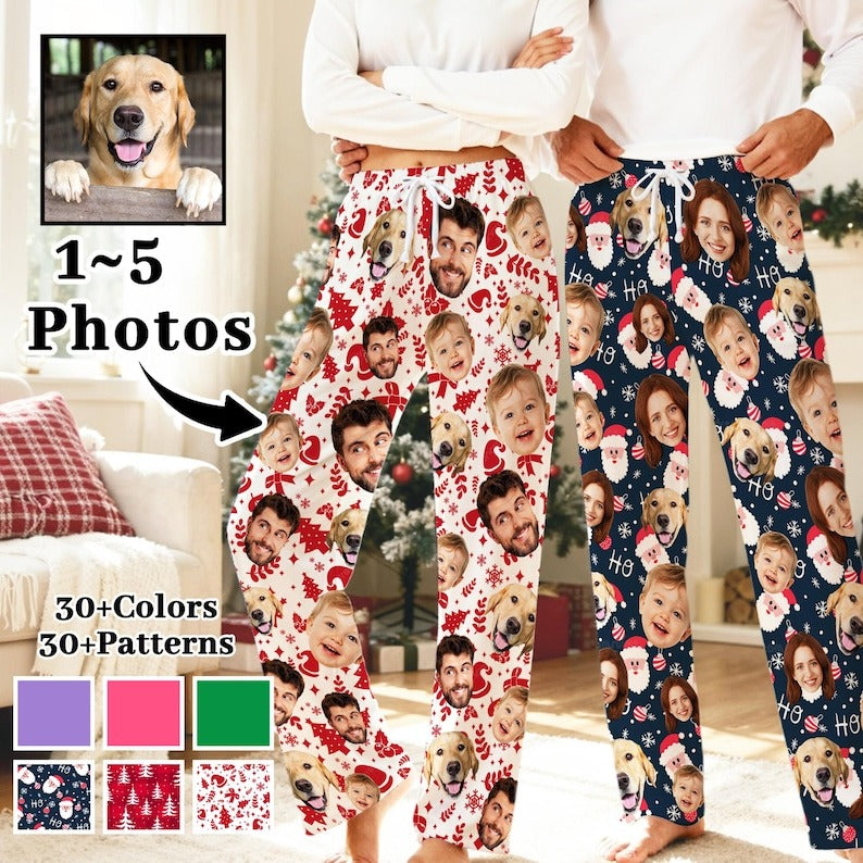 Personalized Christmas Photo Pajama Pants Set: Matching Family & Pet Bandana
