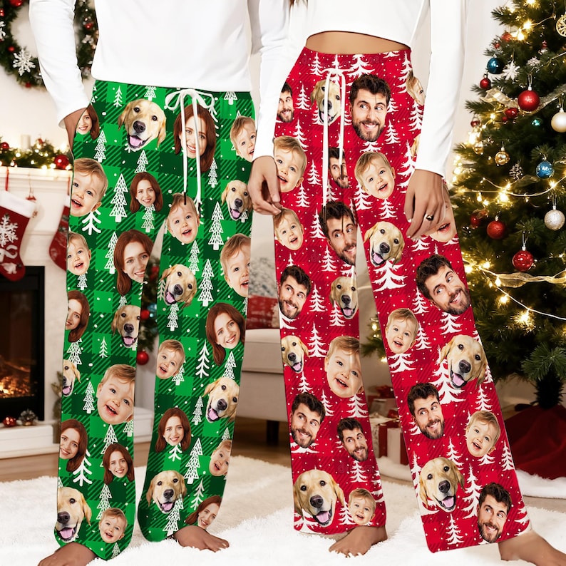 Personalized Christmas Photo Pajama Pants Set: Matching Family & Pet Bandana