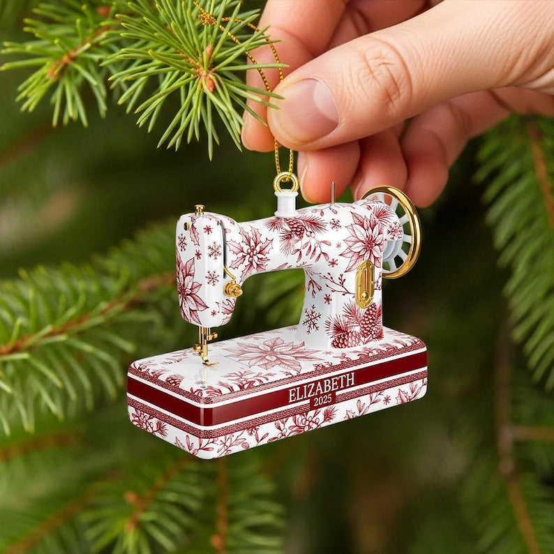Personalized Sewing Machine Toile De Jouy Ornament, Custom Quilter Christmas Decor, Seamstress Gift, Quilting Studio Decor, Crafting Gift