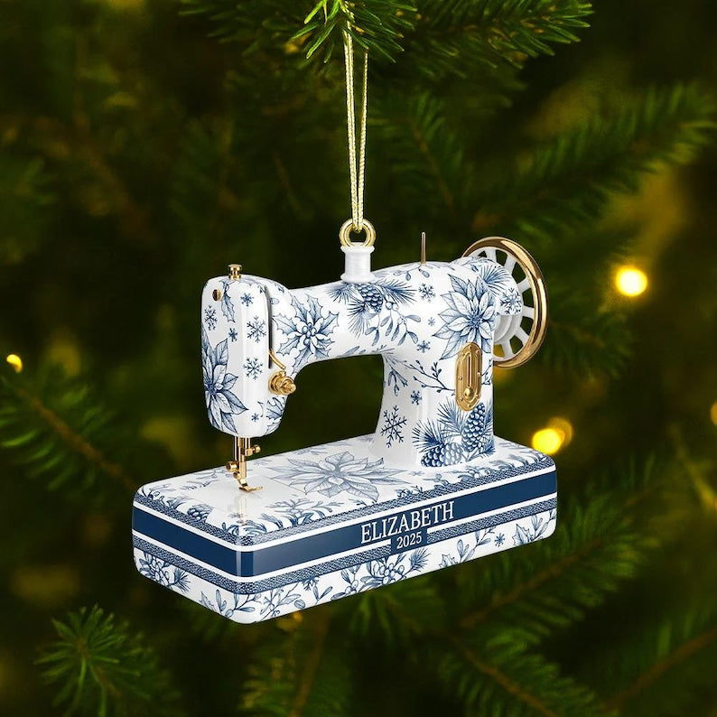 Personalized Sewing Machine Toile De Jouy Ornament, Custom Quilter Christmas Decor, Seamstress Gift, Quilting Studio Decor, Crafting Gift
