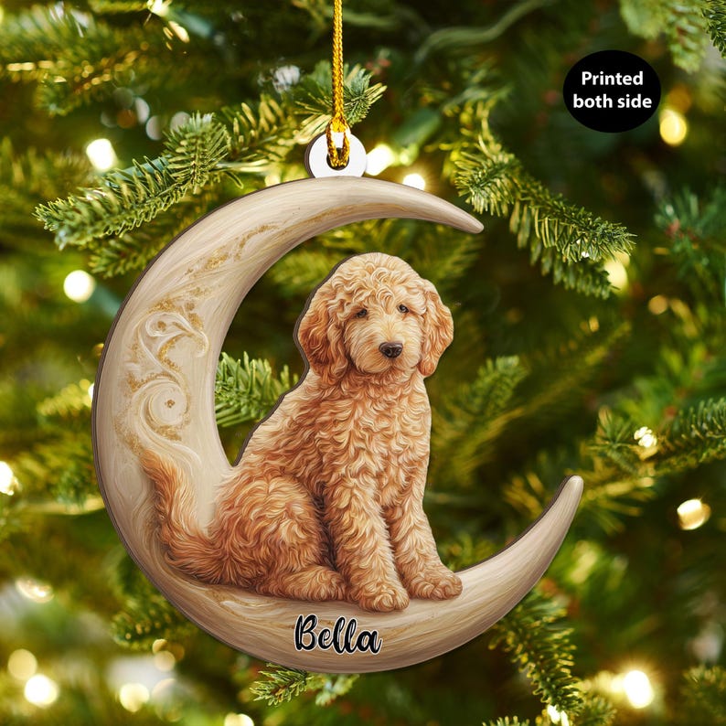 Personalized Goldendoodle Dog on Moon Acrylic Ornament Flat 2D Cutout Holiday Tree Decor Gift for Pet Lovers, Families, Puppy Keepsake
