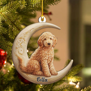 Personalized Goldendoodle Dog on Moon Acrylic Ornament Flat 2D Cutout Holiday Tree Decor Gift for Pet Lovers, Families, Puppy Keepsake