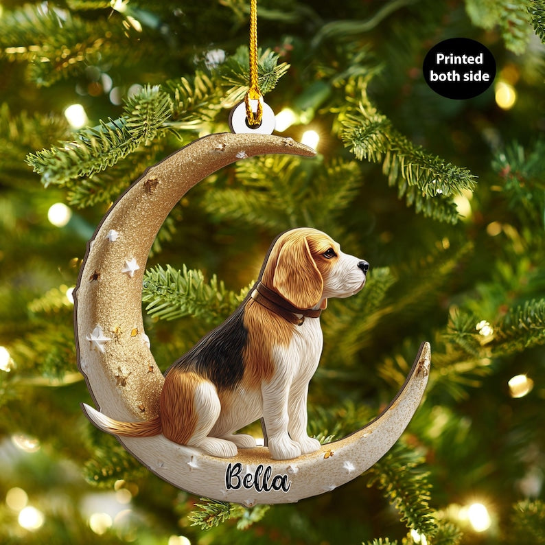 Personalized Beagle Dog on Moon Acrylic Ornament Flat 2D Cutout Holiday Tree Decor Gift for Pet Lovers, Families, Puppy Keepsake