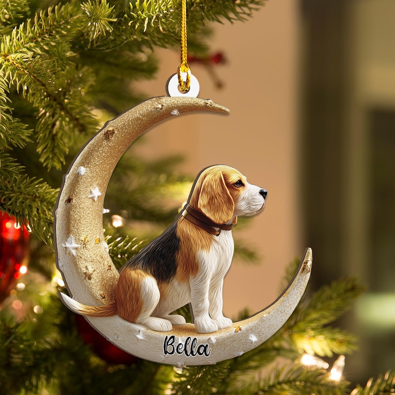 Personalized Beagle Dog on Moon Acrylic Ornament Flat 2D Cutout Holiday Tree Decor Gift for Pet Lovers, Families, Puppy Keepsake