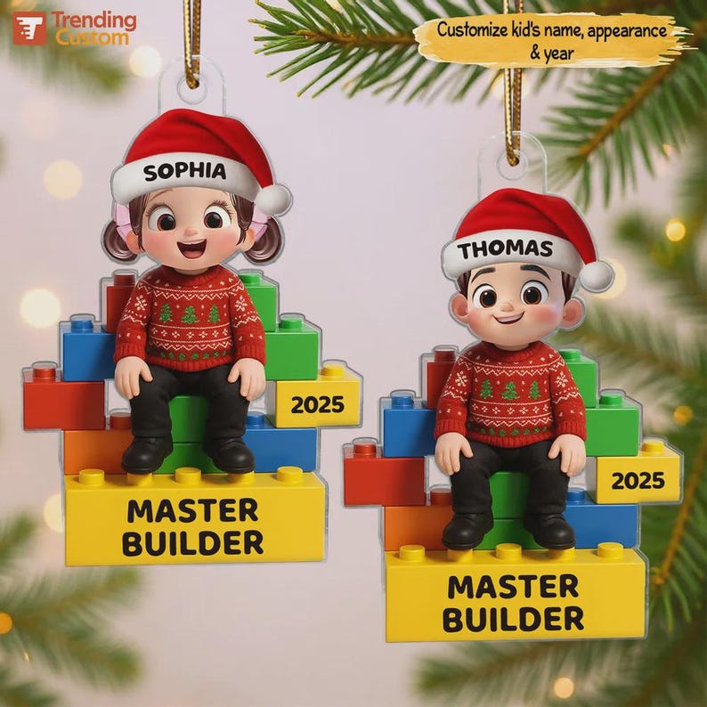 2D Flat Little Kid Master Builder Personalized Acrylic Ornament, Custom Lego Christmas Ornament, Gift for Boys Girls Kids