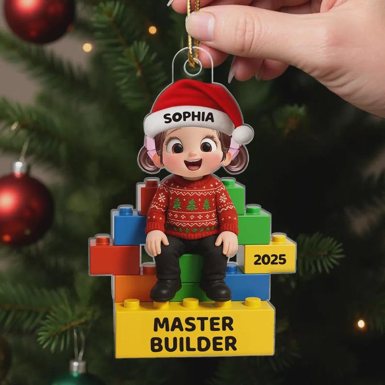 2D Flat Little Kid Master Builder Personalized Acrylic Ornament, Custom Lego Christmas Ornament, Gift for Boys Girls Kids