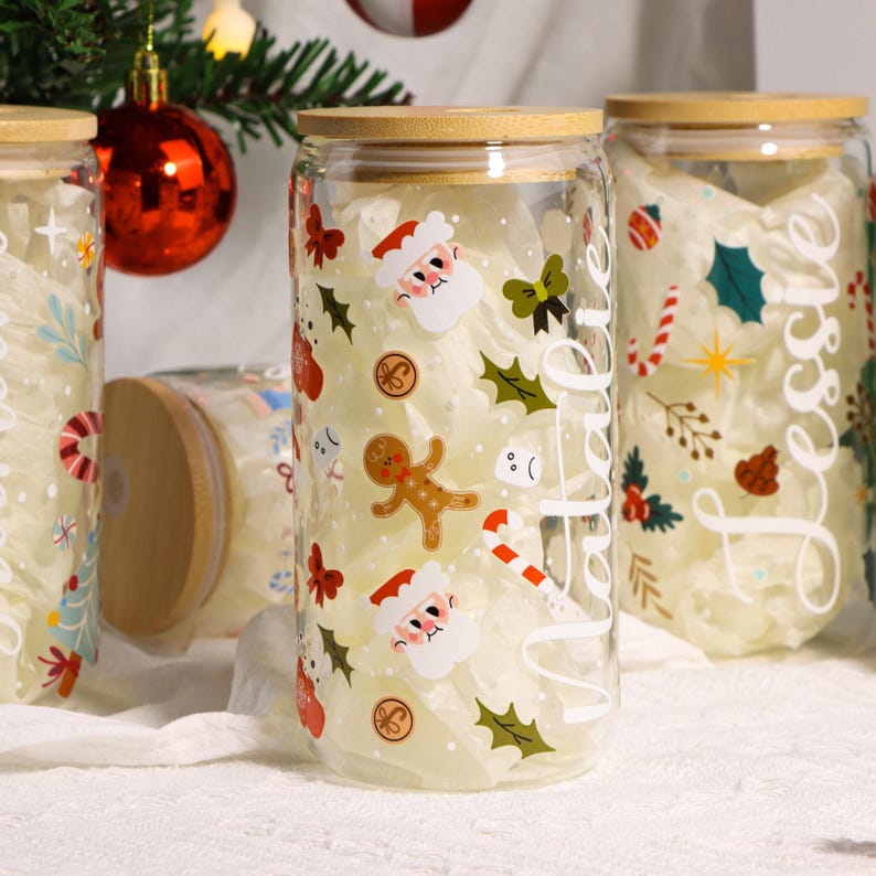 Personalized Christmas Tree Snack Glass: Iced Coffee Cup with Lid