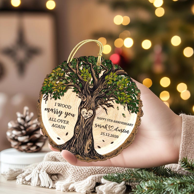 Personalized 5th Anniversary Wooden Ornament: Wood Anniversary Gift For Couples