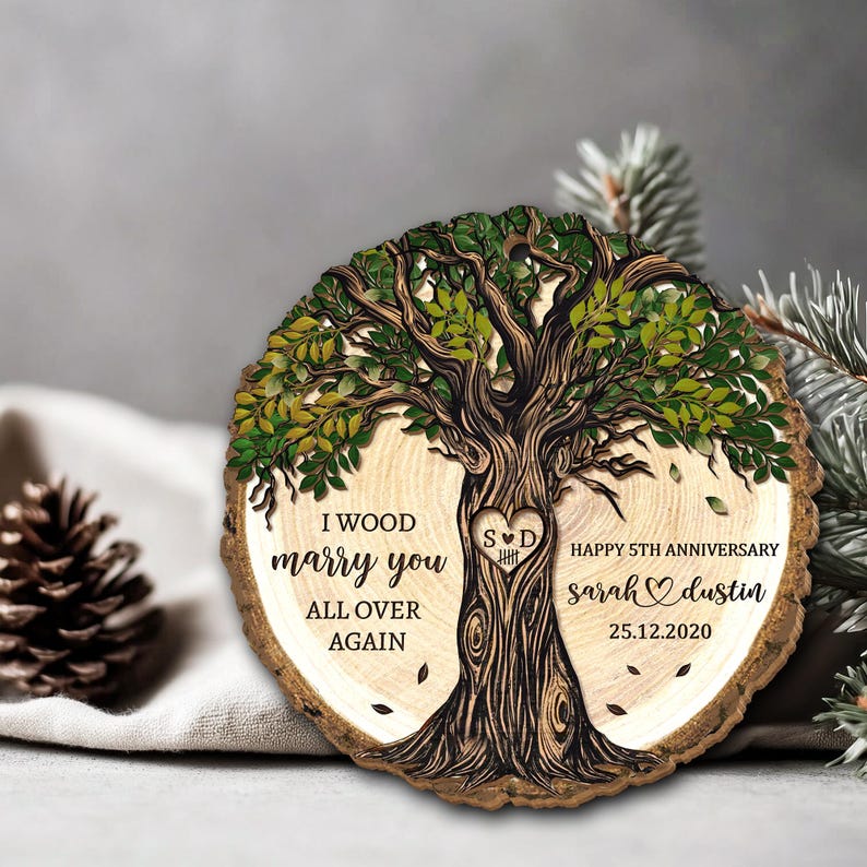 Personalized 5th Anniversary Wooden Ornament: Wood Anniversary Gift For Couples