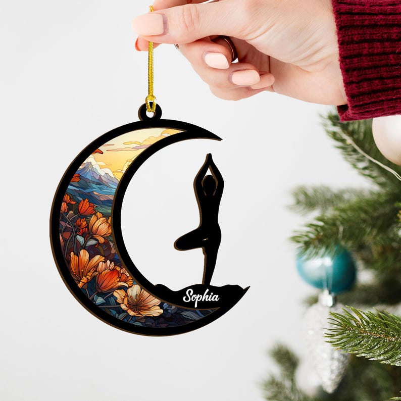 Personalized Yoga Suncatcher Ornament, Yoga Teacher Ornament,Customized Yoga Member Ornament, Christmas Namaste Gifts For Yoga Lover Yogi