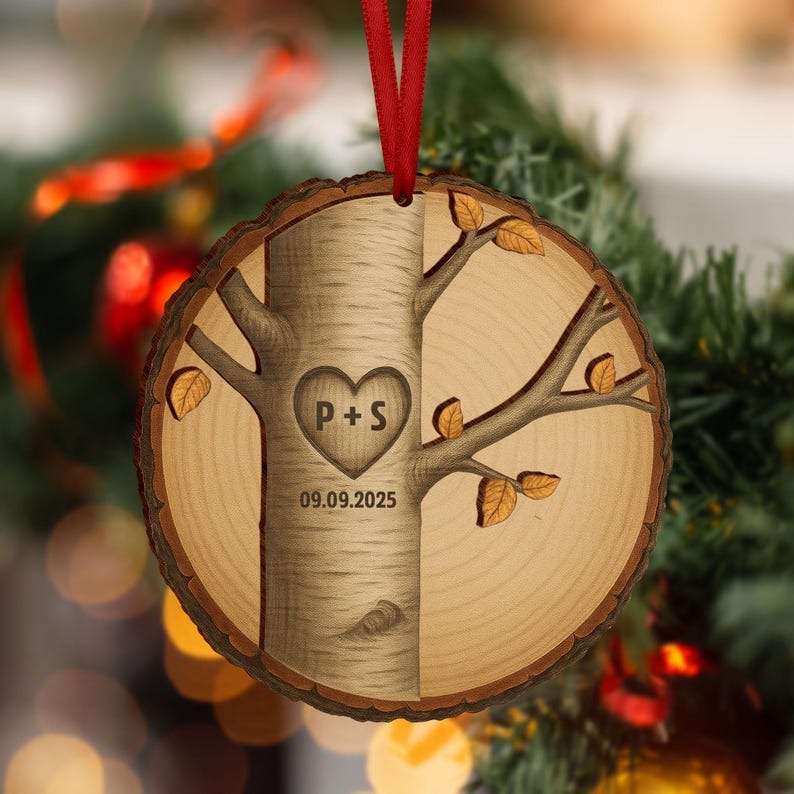 Custom Wood Anniversary Wedding Ornament, 5th Anniversary Christmas Ornament, Engagement Ornament, 5th Wedding Anniversary Gift for Couples