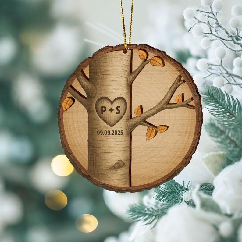 Custom Wood Anniversary Wedding Ornament, 5th Anniversary Christmas Ornament, Engagement Ornament, 5th Wedding Anniversary Gift for Couples