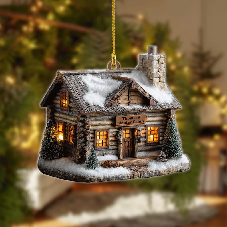 Personalized Winter Cabin Ornament - Custom Log Cabin Christmas Decoration - Rustic Lodge Keepsake for Holiday Tree, 2D Flat ornament