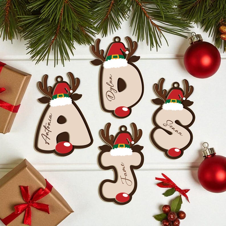 Custom Family Initial Ornament Keepsake 2025, Reindeer Letter Stockings Tag, Christmas Tree Decoration