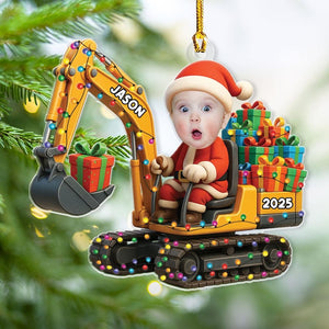 Personalized Excavator Christmas Ornament 2D Flat Acrylic Gift For Boys Custom Photo Ornament Construction Vehicles Excavator Ornament Name