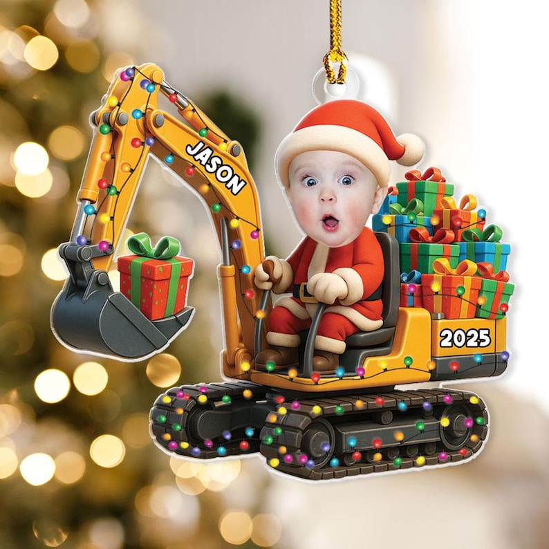 Personalized Excavator Christmas Ornament 2D Flat Acrylic Gift For Boys Custom Photo Ornament Construction Vehicles Excavator Ornament Name