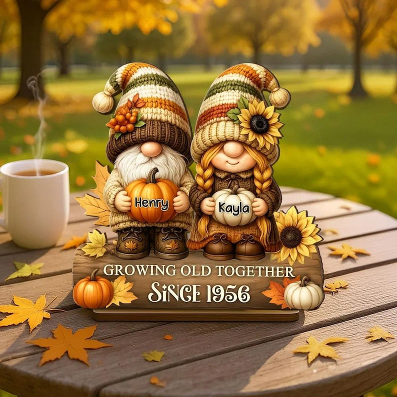 Gnome Couple Growing Old Together Plaque, Personalized Standing Wooden Plaque, Fall Decor for Couple, Husband, Wife