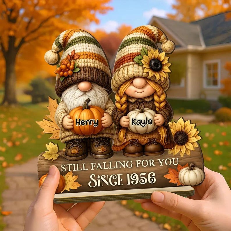 Gnome Couple Growing Old Together Plaque, Personalized Standing Wooden Plaque, Fall Decor for Couple, Husband, Wife