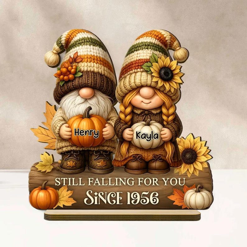 Gnome Couple Growing Old Together Plaque, Personalized Standing Wooden Plaque, Fall Decor for Couple, Husband, Wife