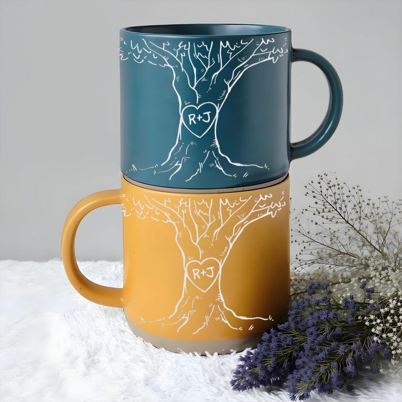 Personalised Engraved Couple Pottery Mug, Custom Carved Initials In A Heart Tree Wedding Mug, Engagement Gifts, Wedding Gifts, Bridal Shower