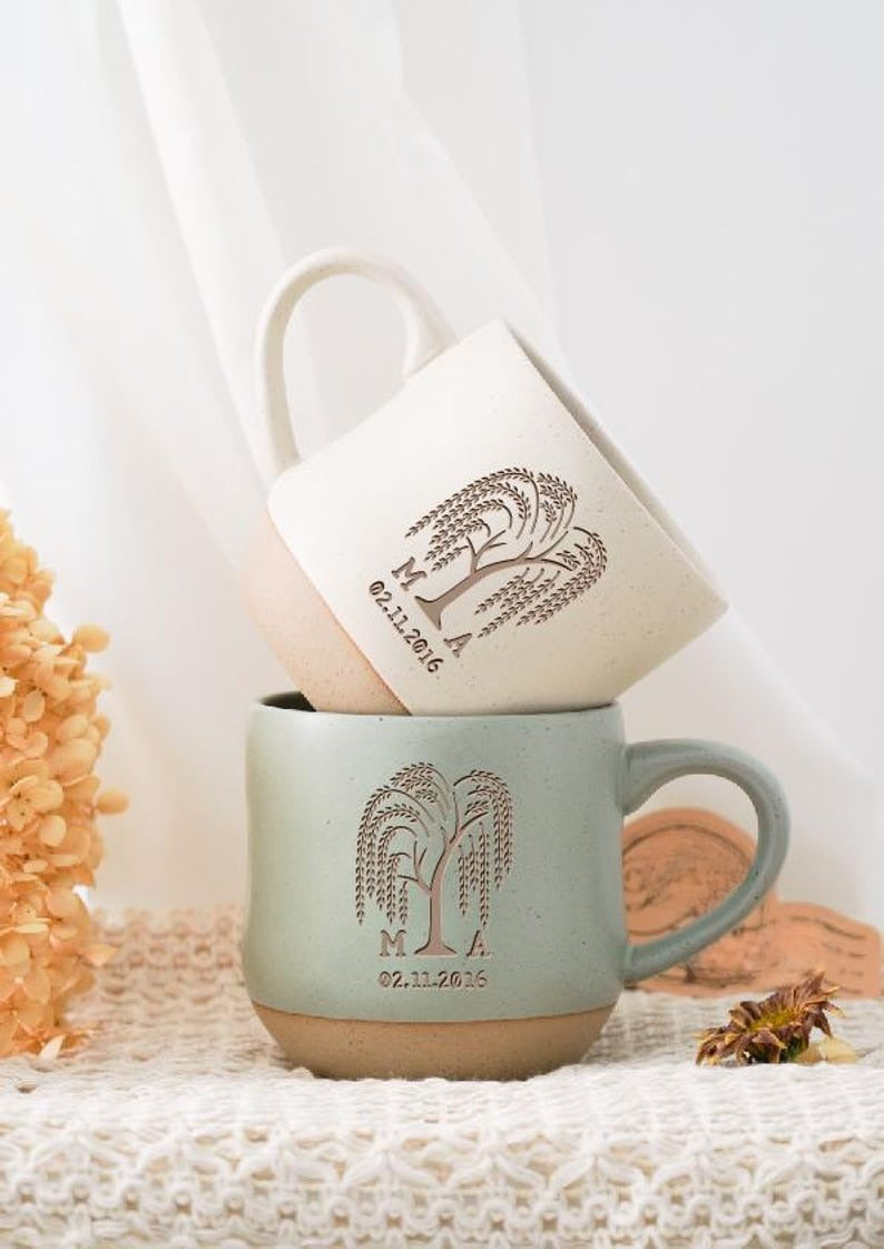 Engraved Willow Anniversary 9th Couple Mug, Custom Wedding Pottery Mug Gift For Him, Personalised 9th Anniversary Gift Idea For husband PD