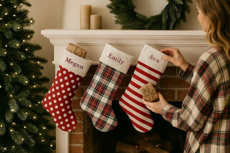 Personalized Plaid Christmas Stocking: Embroidered Family Holiday Decor