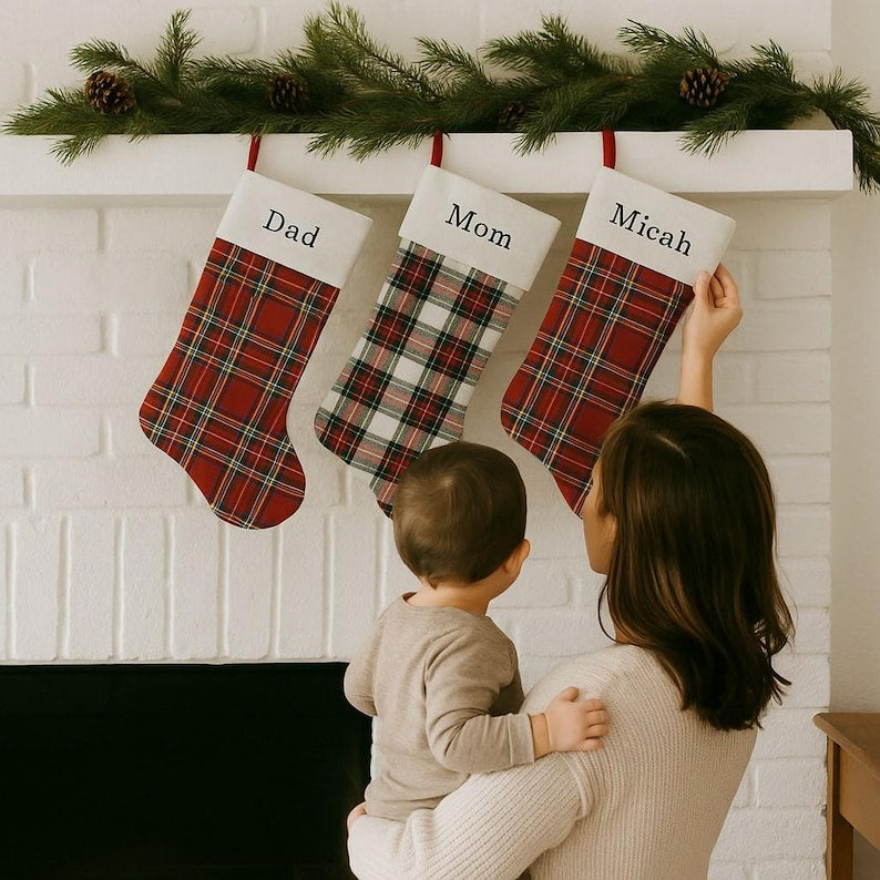 Personalized Plaid Christmas Stocking: Embroidered Family Holiday Decor