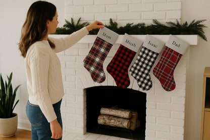 Personalized Plaid Christmas Stocking: Embroidered Family Holiday Decor