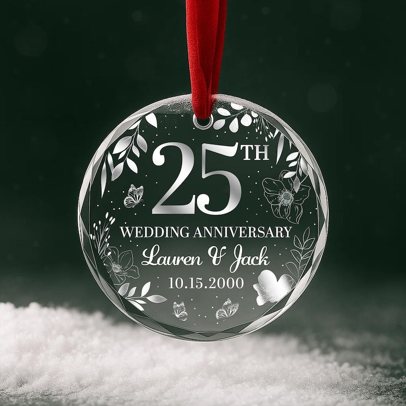 25th Wedding Anniversary Ornament Personalized Glass Keepsake with Couple's Names & Date Silver Anniversary Gift