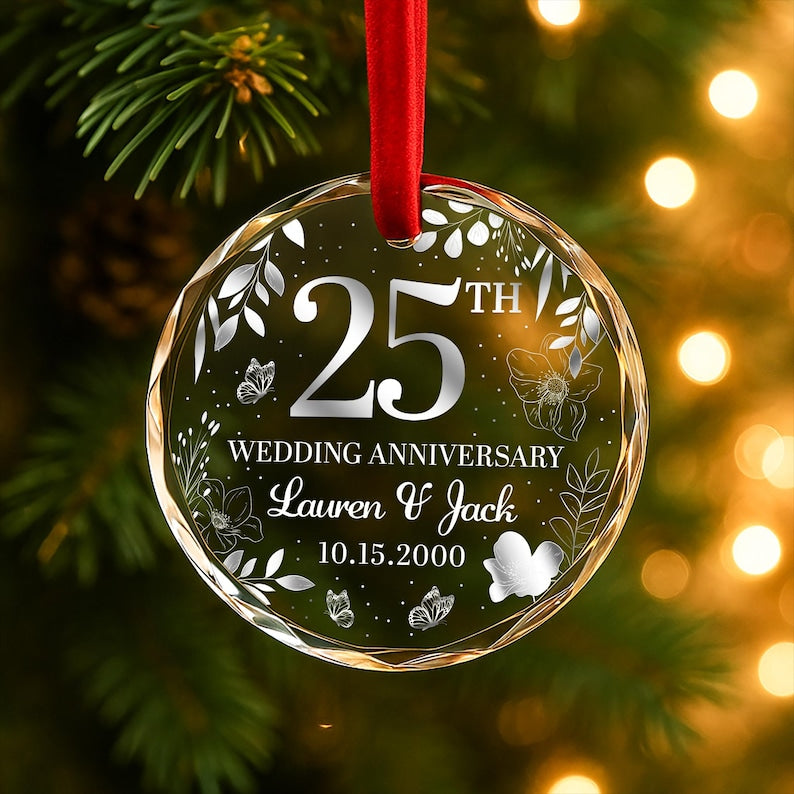 25th Wedding Anniversary Ornament Personalized Glass Keepsake with Couple's Names & Date Silver Anniversary Gift