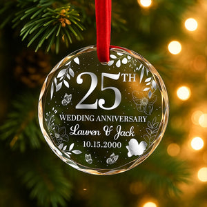 25th Wedding Anniversary Ornament Personalized Glass Keepsake with Couple's Names & Date Silver Anniversary Gift