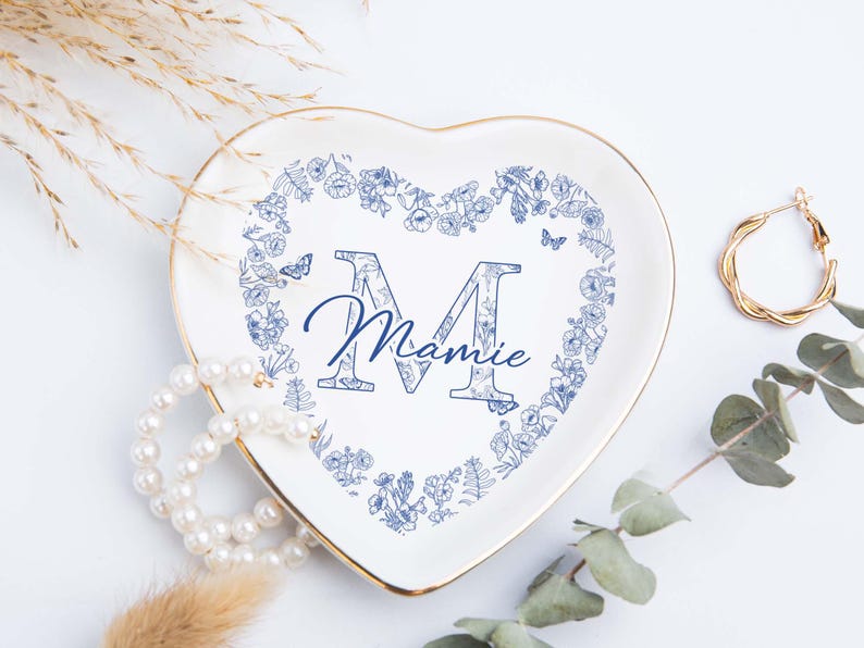 Custom Chinoiserie Initial Trinket Dish: Blue Bow Toile Jewelry Holder