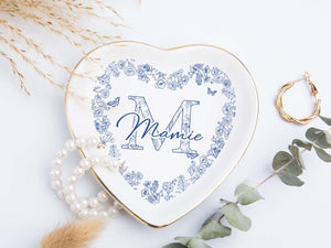 Custom Chinoiserie Initial Trinket Dish: Blue Bow Toile Jewelry Holder