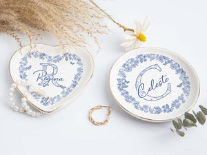 Custom Chinoiserie Initial Trinket Dish: Blue Bow Toile Jewelry Holder