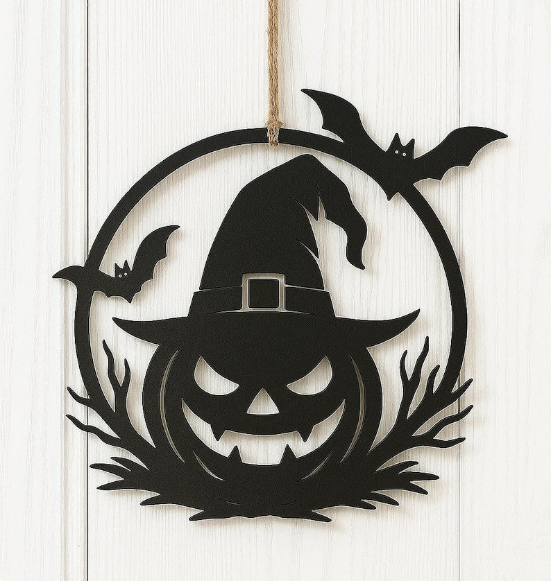 Spooky Pumpkin Door Hanger, Hat and Bats Halloween Door Sign, Laser Cut Metal Sign, Spooky Glowforge Metal Sign, Halloween Metal Sign