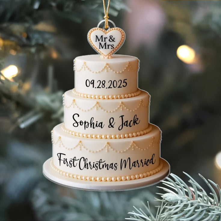 Personalized Wedding Cake 2D Flat Ornament: First Christmas Married Gift For Couple, Custom names Mr and Mrs Ornament 2D
