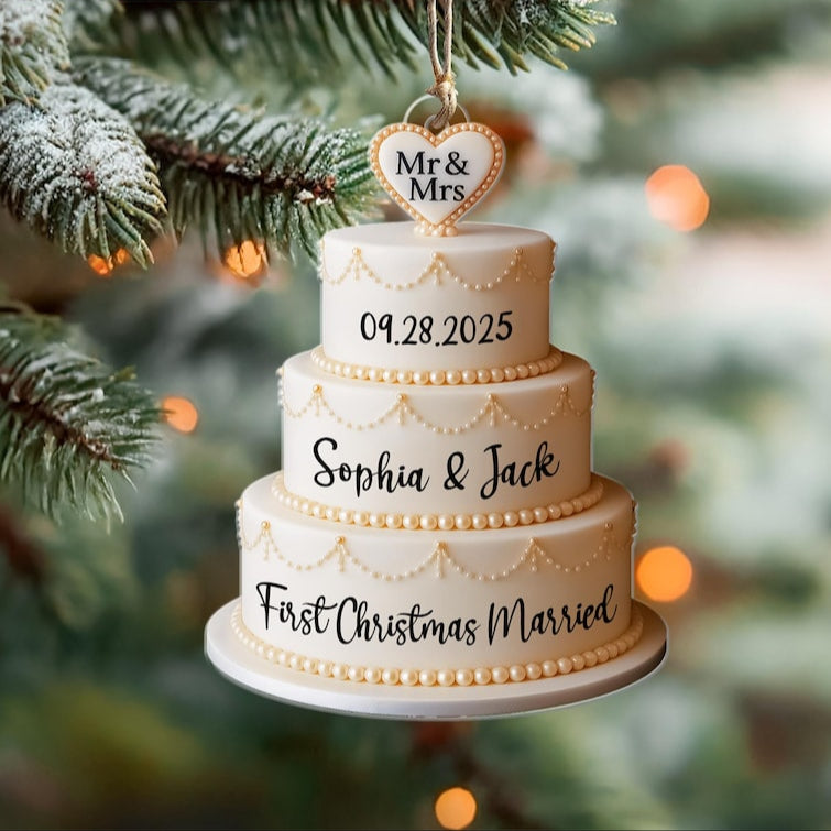 Personalized Wedding Cake 2D Flat Ornament: First Christmas Married Gift For Couple, Custom names Mr and Mrs Ornament 2D
