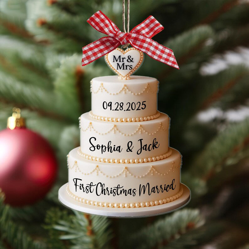 Personalized Wedding Cake 2D Flat Ornament: First Christmas Married Gift For Couple, Custom names Mr and Mrs Ornament 2D