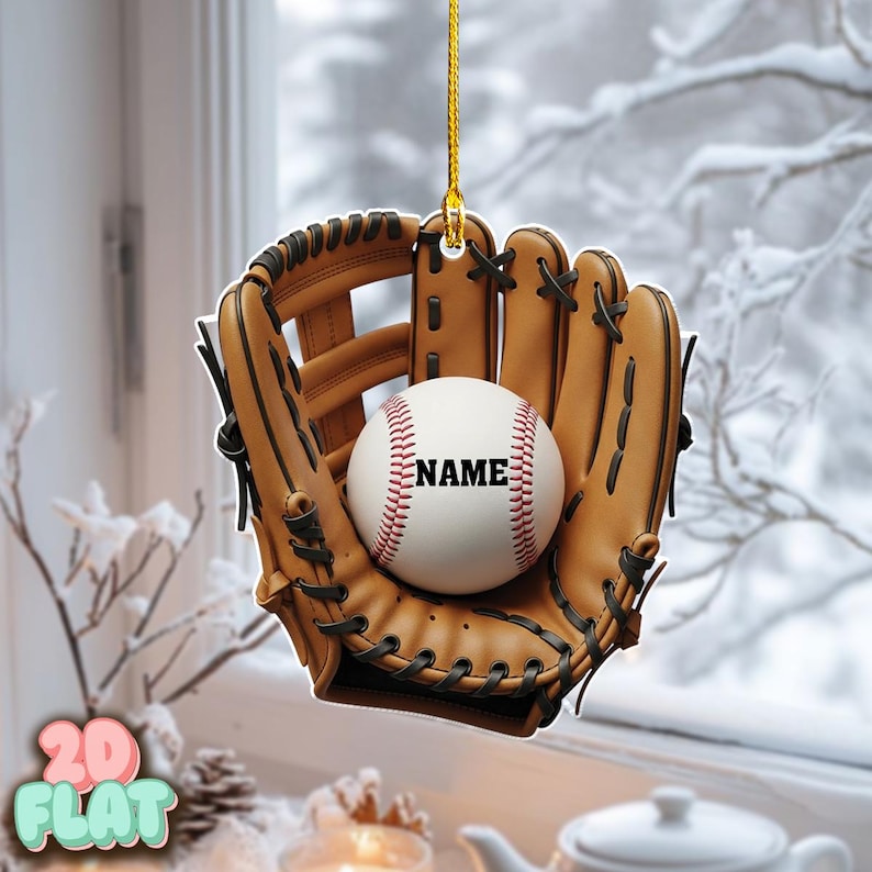 Personalized 2D Flat Glove And Ball Ornament, Custom Name Sports Christmas Gift, Baseball Holiday Tree Ornament For Player Or Coach