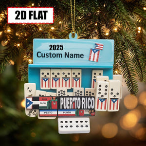 Personalized Puerto Rico Domino Christmas Ornament Tree Hanging Decor Flat 2D Acrylic Custom Name Gift for Domino Players, Families, Friends