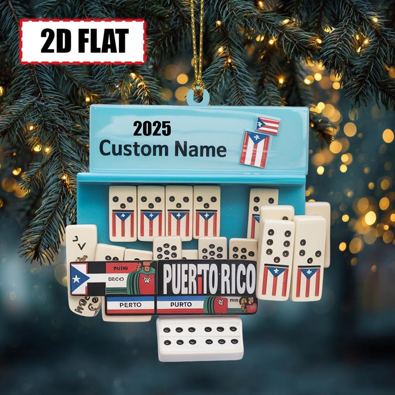 Personalized Puerto Rico Domino Christmas Ornament Tree Hanging Decor Flat 2D Acrylic Custom Name Gift for Domino Players, Families, Friends