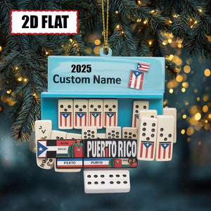 Personalized Puerto Rico Domino Christmas Ornament Tree Hanging Decor Flat 2D Acrylic Custom Name Gift for Domino Players, Families, Friends