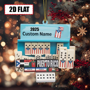 Personalized Puerto Rico Domino Christmas Ornament Tree Hanging Decor Flat 2D Acrylic Custom Name Gift for Domino Players, Families, Friends