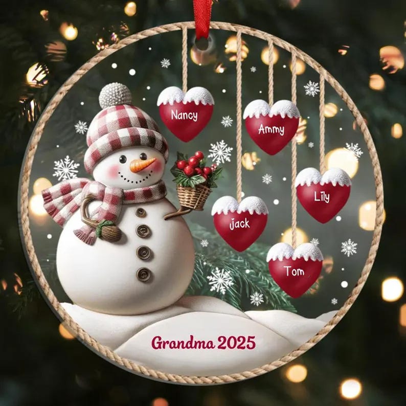 Personalized 1-8 Family Names Christmas Ornament, Acrylic Snowman Family Hanging Ornament, Christmas Gift for Grandma/Mom, Xmas Tree Decor