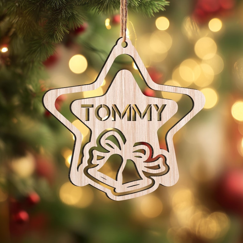 Personalized Star Wood Christmas Ornament Custom Name Bell Design Holiday Decoration, Unique Gift Keepsake for Family, Friends