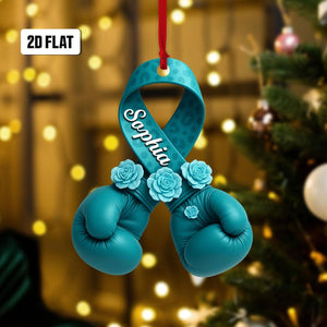 Ovarian Cancer Ornament, Ribbon with Boxing Gloves, Ovarian Cancer Survivor Gift, Cancer Awareness Gifts, Teal Cancer Ribbon, Cancer Warrior